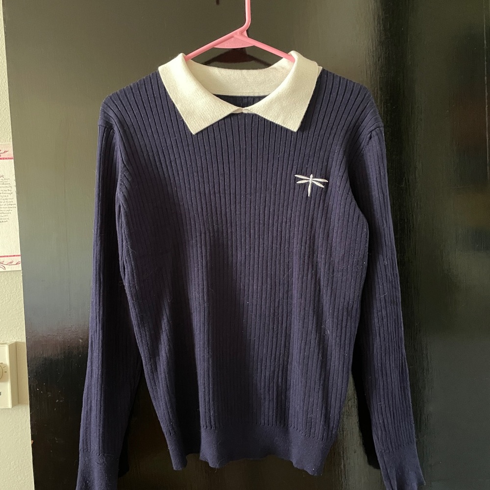 SHEIN Blue and White V-Neck Sweater with Ribbed Texture